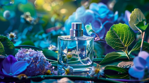 Bottle of perfume with colorful tropical flowers and plants. AI generated