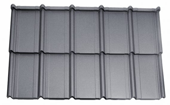 Modular tile effect roof panel. Lightweight galvanised steel roofing sheet isolated on white background. Traditional metal shingle tiles. Popular profiled metallic pantile mimic clay or concrete slate