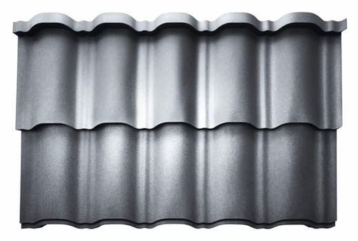Modular tile effect roof panel. Lightweight galvanised steel roofing sheet isolated on white background. Traditional metal shingle tiles. Popular profiled metallic pantile mimic clay or concrete slate
