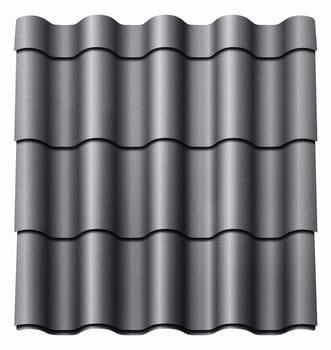 Modular tile effect roof panel. Lightweight galvanised steel roofing sheet isolated on white background. Traditional metal shingle tiles. Popular profiled metallic pantile mimic clay or concrete slate