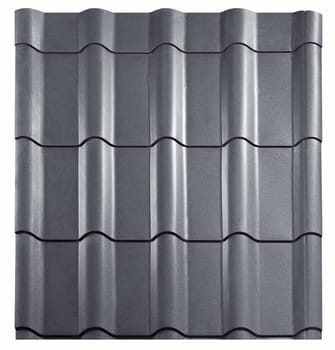 Modular tile effect roof panel. Lightweight galvanised steel roofing sheet isolated on white background. Traditional metal shingle tiles. Popular profiled metallic pantile mimic clay or concrete slate