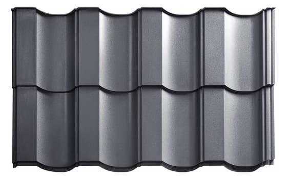 Modular tile effect roof panel. Lightweight galvanised steel roofing sheet isolated on white background. Traditional metal shingle tiles. Popular profiled metallic pantile mimic clay or concrete slate