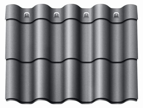 Modular tile effect roof panel. Lightweight galvanised steel roofing sheet isolated on white background. Traditional metal shingle tiles. Popular profiled metallic pantile mimic clay or concrete slate