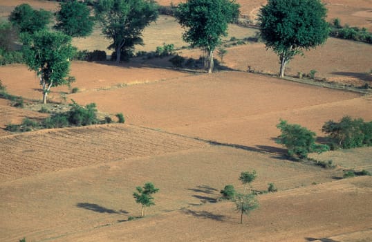 The Landscape with fields and agriculture near the town of Hampi in the Province of Karnataka in India.  India, Karnataka, March, 1998