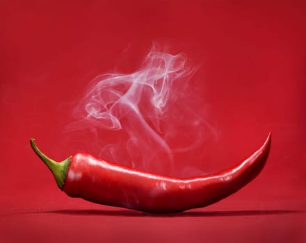 Red hot chili pepper on red background with smoke. Still life with steam mexican paprika spice.