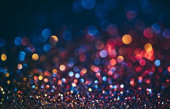 Abstract neon halftone color bokeh texture. Sparkling blur holiday light. Christmas nad new year eve blurred background. Disco music bright glow design.