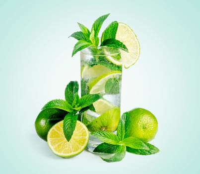 Mojito cocktail with ice isolated on pastel background. Fresh mohito drink with lime and mint. Happy hour and beverage menu design.