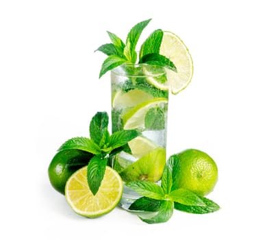 Mojito cocktail with ice isolated over white background. Fresh mohito drink with lime and mint. Happy hour and beverage menu design.