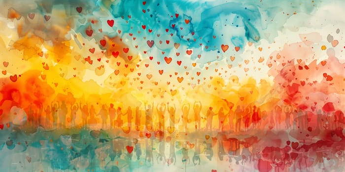 People reach their hand to colorful hearts in the sky, volenteer and humanitarian help concept, charity and friendship, support teamwork