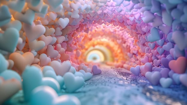 Tunnel of pastel hearts, love and emotion concept, thank you, hope, help and charity, fantasy landscape