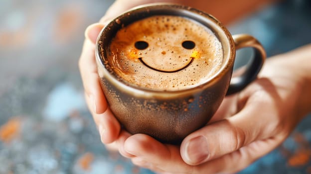 Cup of coffee with a happy smiling face, wake up in the morning, hot drink with caffeine, take a break, positive attitude