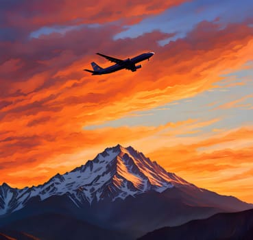 Mountain sunset with a plane. High quality photo