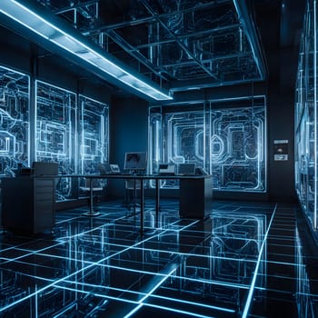 Futuristic Technology Lab with Digital Displays and Advanced Computing Equipment. High quality photo