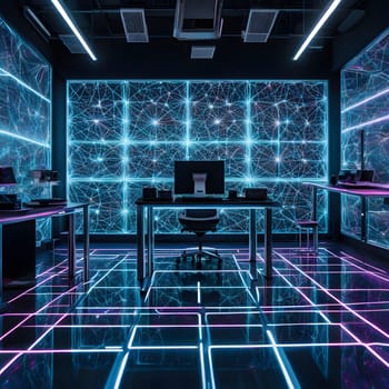 Modern Data Center with Neural Network Visualization and High-Tech Equipment. High quality photo