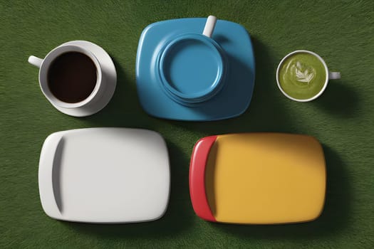 A cup of black coffee, a cup of green tea, a blue cup, a white plate, and a yellow and red plate are arranged on a green grassy surface. All the items are in the center of the frame, with the grass filling the surrounding space.