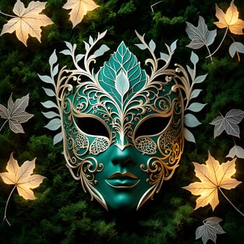 A green and gold Venetian mask with intricate details rests on a bed of moss, surrounded by delicate white leaves and glowing yellow leaves. The mask appears to be made of metal, with a shiny finish, and is decorated with intricate floral designs. The leaves surrounding the mask are illuminated from behind, giving them a soft glow.