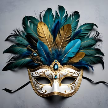 A white and gold Venetian masquerade mask with blue and gold feathers is shown on a white background. The mask is decorated with ornate gold filigree and a large, teardrop-shaped blue jewel. The feathers are arranged in a fan shape around the top of the mask.