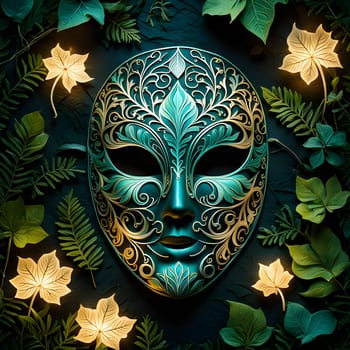 A close-up of a green and gold Venetian carnival mask with intricate floral designs, isolated on a white background. The mask features a delicate gold filigree pattern against a vibrant teal green base.