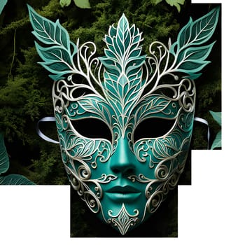 A close-up of a beautiful Venetian masquerade mask, with intricate details and a teal green and silver color scheme. The mask features delicate silver filigree designs and a prominent feather detail, adding a touch of elegance to its appearance.
