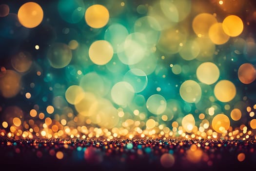 A dark background is out of focus, with large and small, bright yellow, green, and blue lights blurring into bokeh circles. The bottom edge of the image features a layer of sparkling glitter.