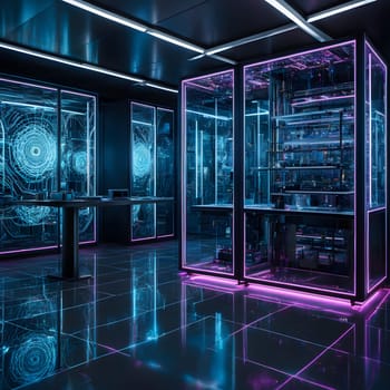 High-Tech Research Lab with Neon Lighting and Advanced Electronic Systems. High quality photo