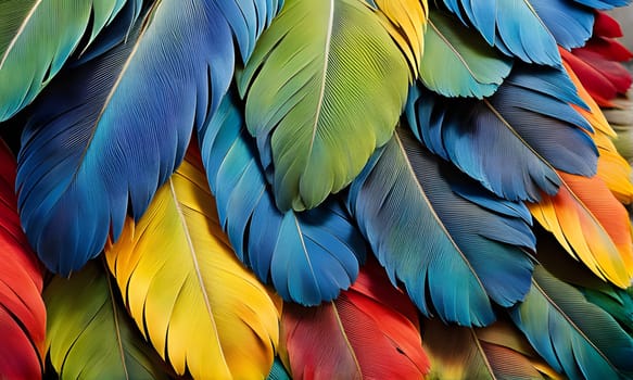A close-up image captures the vibrant textures and colors of a collection of parrot feathers. The feathers are arranged in a pattern, showcasing shades of blue, green, yellow, and red. The image highlights the intricate detail of the feathers, each with unique markings and textures.