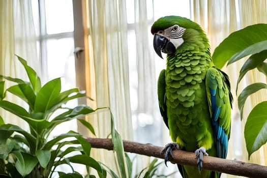 A Green Macaw parrot sits perched on a wooden branch, looking out a window. The parrot's vibrant green feathers and bright blue tail feathers are clearly visible. The window is covered by white curtains. A potted plant with large, green leaves is visible in the foreground.