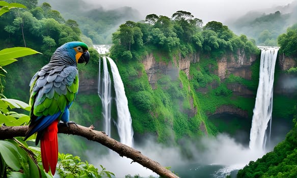 A vibrant parrot with blue, green, and red feathers sits on a branch overlooking a cascading waterfall. The waterfall plunges down a sheer cliff face, surrounded by a dense, verdant forest. The scene is a breathtaking display of nature's beauty, capturing the tranquility and splendor of a tropical rainforest.