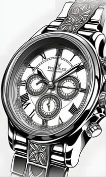 A close-up, black and white illustration of a chronograph watch with a silver face, Roman numeral hour markers, and a patterned band.
