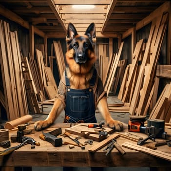 A German Shepherd dog, wearing overalls and a brown shirt, stands at a workbench in a woodshop. The dog is looking directly at the camera. A variety of woodworking tools, including a hammer, ruler, and a power sander, are scattered on the workbench. Many wooden planks are stacked against the walls of the shop, creating a background full of wood.