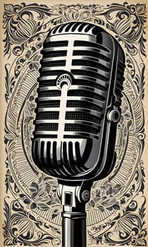 A black and white illustration of a vintage microphone on a background of intricate ornamental patterns. The microphone is positioned in the foreground, with the ornate design framing the image.