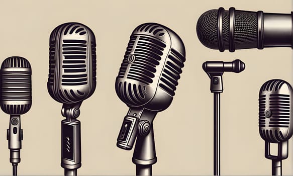 An illustration of five different vintage microphones. They are all silver and black, with varying shapes and sizes. Three of the microphones have a long stand, while the other two are handheld.