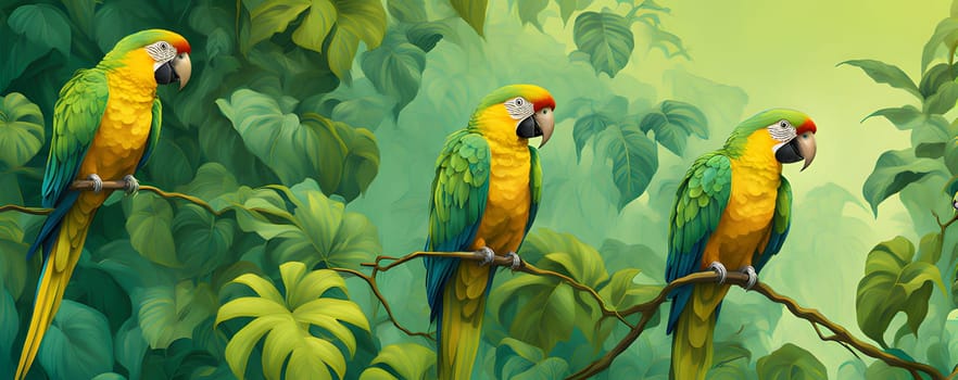 Three green-winged macaws, with bright yellow and green plumage, perch on a branch in a lush rainforest. The vibrant birds are surrounded by vibrant green foliage, and the scene is bathed in soft, warm light.