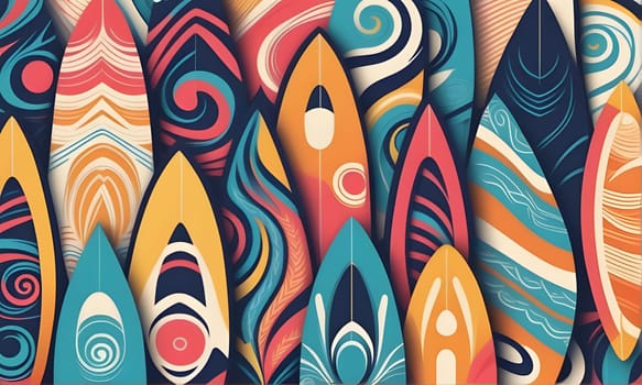 A pattern of stylized surfboards in various shades of blue, orange, red, and yellow are arranged in an overlapping design. The surfboards are stylized with wavy lines, circles, and other abstract shapes.