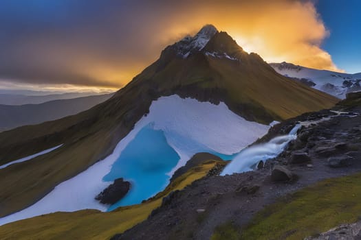 A stunning sunset illuminates a snow-capped mountain peak, revealing a blue glacial lake and a cascading waterfall flowing down the rocky mountainside. The clouds above the mountain are lit with a warm orange glow, creating a breathtaking scene of natural beauty.