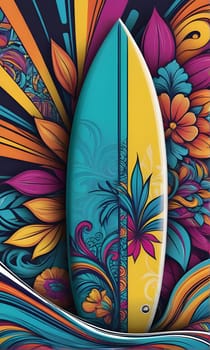 A vibrant illustration depicting a surfboard with a yellow and blue design. The surfboard is surrounded by colorful floral patterns and stylized waves. The background features a variety of shapes and colors.