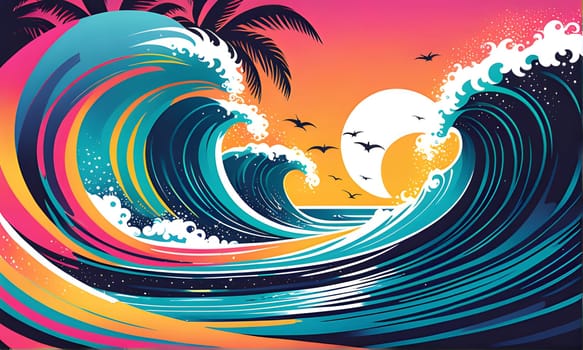 The illustration depicts large ocean waves crashing against the shore, with a bright orange and yellow sunset in the background. A silhouette of a palm tree stands on the beach. Birds are flying overhead, creating a sense of peace and tranquility.