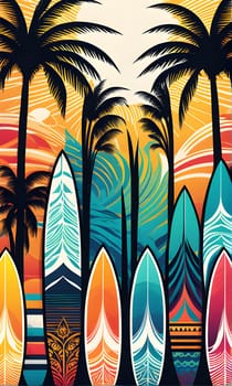 A vibrant illustration of six colorful surfboards set against a backdrop of silhouette palm trees and a dramatic sunset sky. The surfboards are arranged vertically, creating a central focal point, and are detailed with unique patterns and designs.