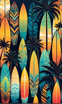 A vibrant illustration of a tropical scene featuring numerous colorful surfboards and palm trees against a dark background. The surfboards are decorated with various patterns, and the palm trees are rendered in a stylized manner.