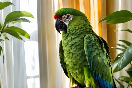 A green macaw parrot, with red and blue feathers, is perched on a branch near a window. The parrot is looking towards the camera, and the background is a blur of white curtains and green plants. The light is coming from the window, illuminating the parrot's feathers and the surrounding foliage.