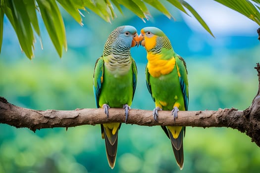 Two green and yellow parrots are perched on a branch. The parrot on the left has a blue head and is looking at the parrot on the right, which is looking off to the side. The parrots are surrounded by lush green foliage.