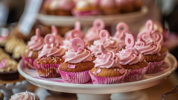Chocolate cupcakes decorated with pink frosting close-up.