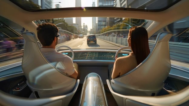 two people in a futuristic car of the future, a car with dual control for left and right hand traffic. Fantasy. High quality photo