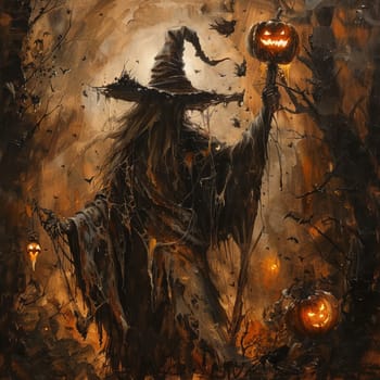 Witch in pointed hat standing in the background of Halloween landscape, pumpkins with glowing eyes and smiles, fog, dark background, flying bats