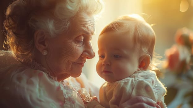 Happy grandmother with a small child in her arms at home.