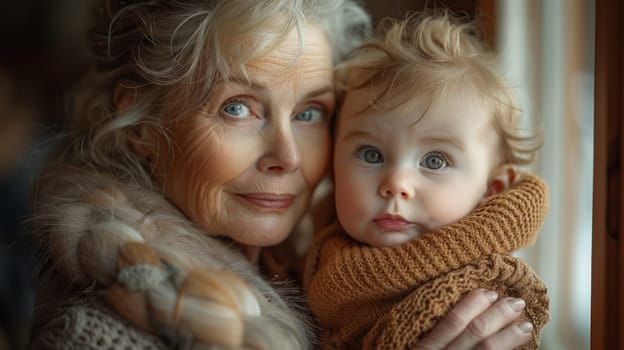 Grandmother with a child in her arms. tenderness for his grandson. pastel colors of clothes, light from the window.