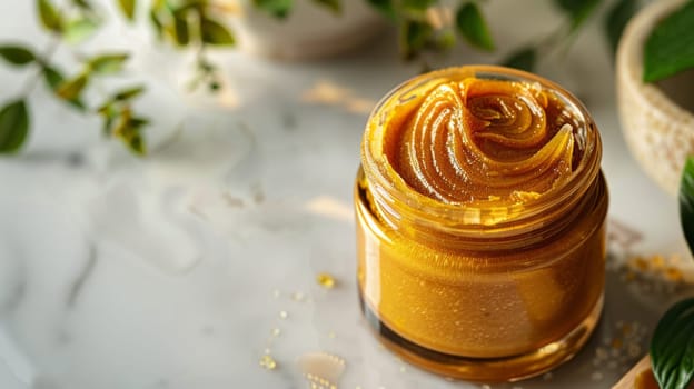 Cosmetic sugar body scrub with fine enzyme exfoliating particles in jars on a marble surface. Body and face skin care concept.
