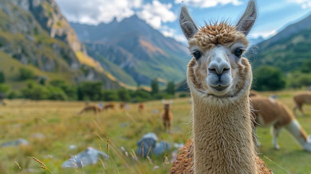 Llama in a farmer's field with mountains and herds of grazing llamas in the background