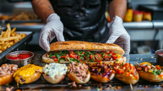A food truck vendor assembles a gourmet sandwich with a variety of toppings and sauces neatly arranged around it.