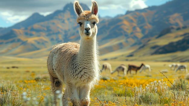 Light cute llama in farmer's field with mountains and herds of grazing llamas in the background